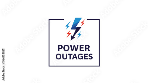 Power outages alert icon with a blue lightning bolt and colorful sparks inside a square frame for electrical warnings.