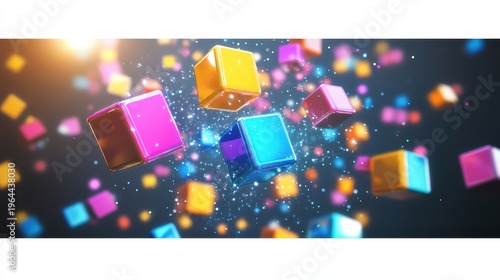 Vibrant Colorful Cubes and Glowing Particles Suspended in Digital Abstract Space