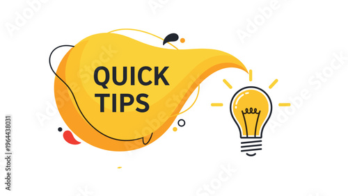 Quick tips advice graphic with a lightbulb icon and a yellow speech bubble for helpful ideas and creative solutions.