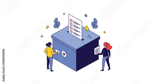 Isometric illustration of two people participating in an election by placing their votes into a blue ballot box.