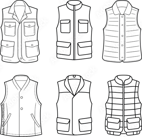 Utility vest technical drawing set, front and back views, multi pocket design, outdoor clothing apparel, tactical fashion template – vector illustration