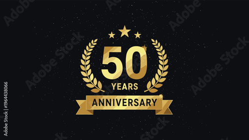 Golden 50 years anniversary celebration logo with a laurel wreath and stars on a dark starry background for corporate.