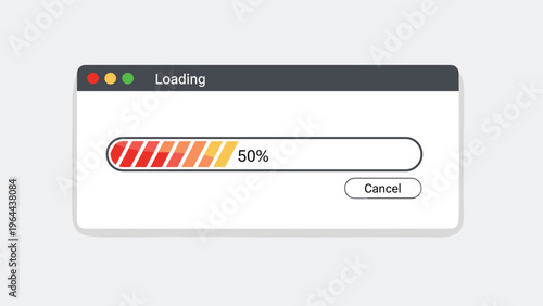 Loading progress bar showing fifty percent completion in a pop up window for software or web applications.