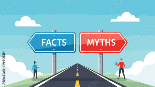 Road directional signs for facts and myths with tiny people standing beneath illustrate the choice between truth and fiction.