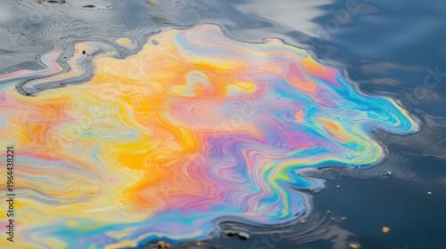 Vibrant oil slick spreads across dark water surface near industrial dock with iridescent rainbow colors