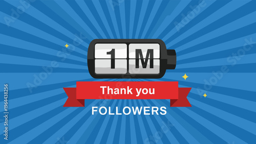 Social media achievement graphic celebrates one million followers with an odometer counter and thank you message on sunburst background.