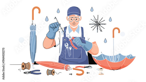 Craftsman Umbrella Repair: A skilled craftsman meticulously repairs umbrellas, surrounded by tools and spare parts, working against a backdrop of gentle rain, embodying expertise and resourcefulness.