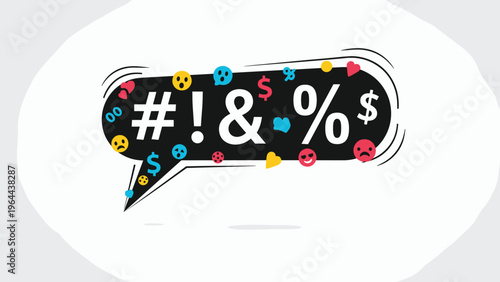 Speech bubble containing swear word symbols and angry emojis represents offensive language, cursing, and frustration in communication.