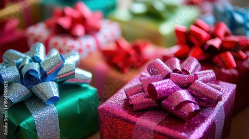 Vibrantly Wrapped Christmas Gifts with Glittery Bows and Festive Paper