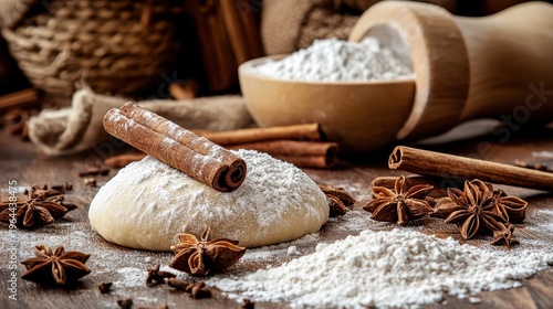 Warm and Cozy Christmas Baking Ingredients of Cinnamon Sticks Star Anise and Flour on a Rustic Wooden Countertop