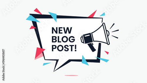 New blog post announcement inside a speech bubble with a megaphone and colorful triangles encourages readers to check new content.