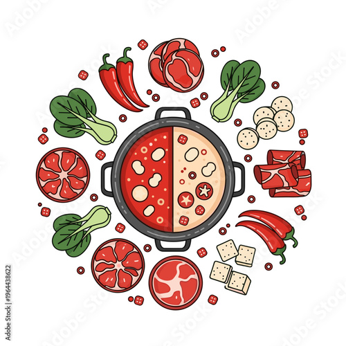 Top View of Hot Pot with Fresh Ingredients