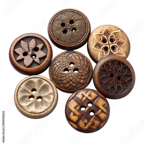 Thick handcrafted wooden buttons carved with simple designs isolated on transparent background