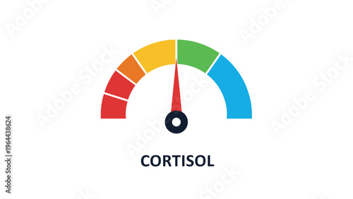 Stress level gauge showing cortisol levels with a color coded needle from green to red represents health monitoring and well being.