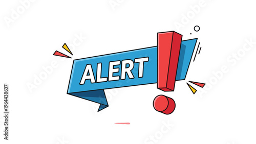 Alert ribbon icon with a large red exclamation mark and colorful geometric shapes highlights an important notification or warning.