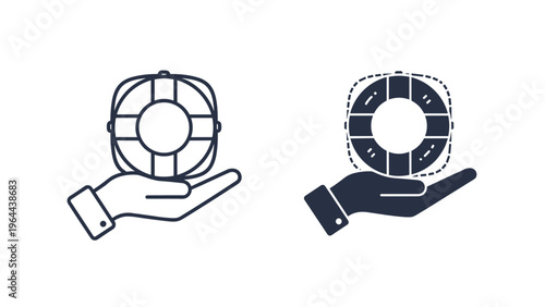 Hand holding a lifebuoy icon in both outline and solid versions represents safety, rescue, insurance, and professional assistance.