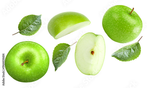 green apples with half of apples and green leaves isolated on white background. clipping path