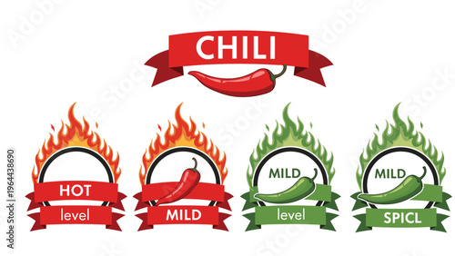 Chili pepper spice level badges from mild to hot with green and red flames help identify heat intensity in spicy food dishes.