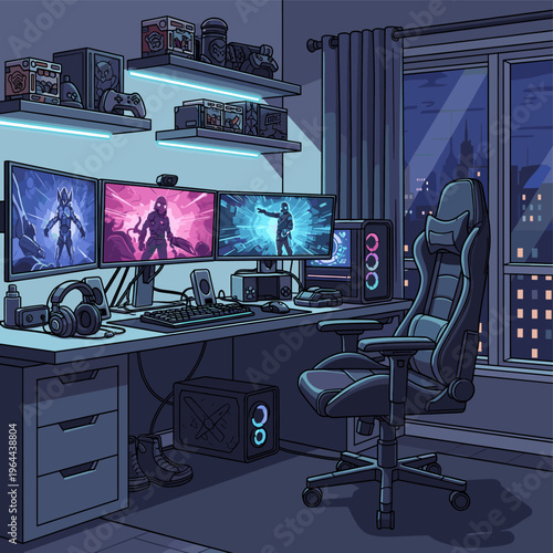 A cozy gaming room at night featuring a triple-monitor setup, a comfortable gaming chair, and shelves filled with tech and collectibles, illuminated by blue LED lights.