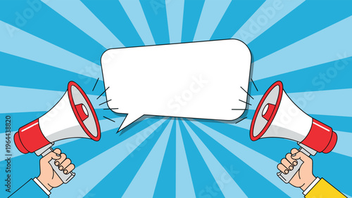 Communication concept showing two hands holding megaphones with an empty speech bubble on a blue sunburst background.