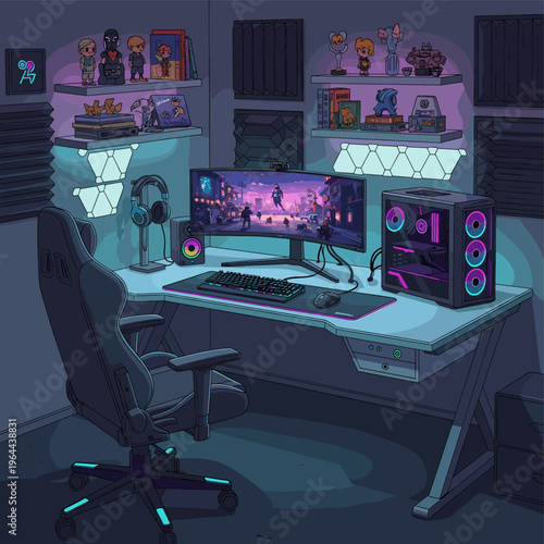 A vibrant and modern gaming setup with RGB lighting, a large monitor, gaming PC, chair, and shelves filled with collectibles in a dimly lit room.
