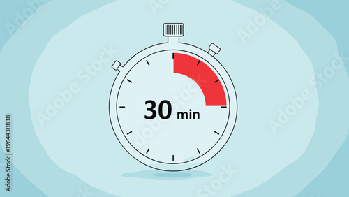 Simple stopwatch illustration indicating a thirty minute time interval with a red highlight on a blue background.