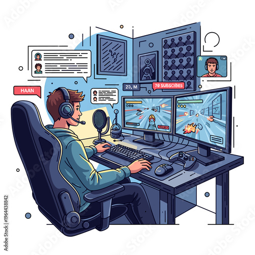 An illustration of a young male gamer streaming live, playing a video game on a dual-monitor setup with a headset and microphone, surrounded by streaming interface elements.