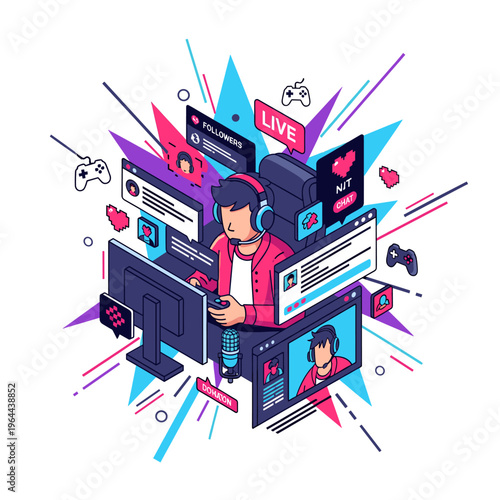 Dynamic illustration of a male gamer or streamer playing video games and interacting with a live audience on multiple screens, surrounded by vibrant geometric elements.