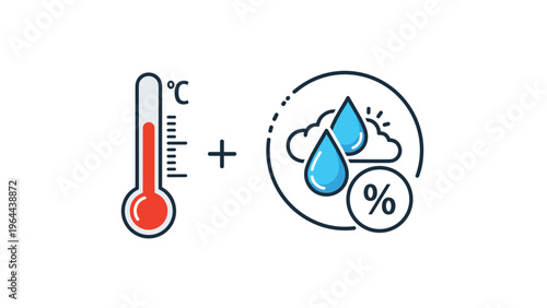 Weather forecasting icons showing a red thermometer next to water droplets representing temperature and humidity levels.