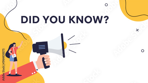 Educational concept banner titled did you know featuring a woman with a large megaphone and abstract background elements.