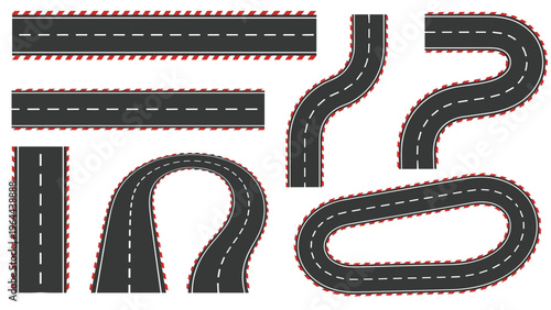 Set of various asphalt road and race track segments with red and white curbs for game design or traffic layouts.