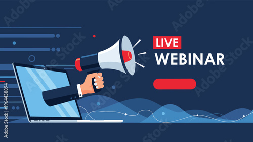 Digital marketing illustration for a live webinar showing a laptop screen with a hand holding a megaphone out of it.