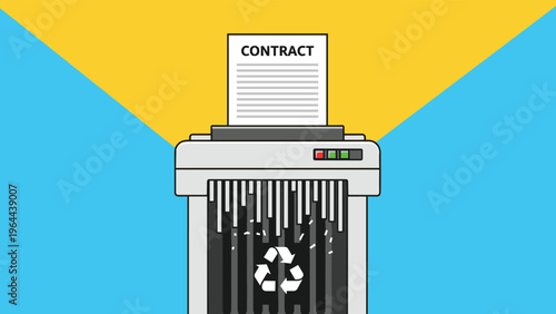 Concept of ending an agreement showing a document labeled contract being shredded in a modern paper shredder machine.