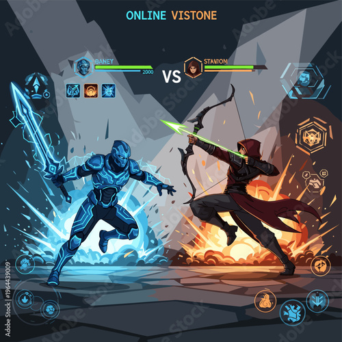 Two fantasy warriors, a glowing blue swordsman and a hooded archer, engaged in a dramatic combat scene within a video game interface.