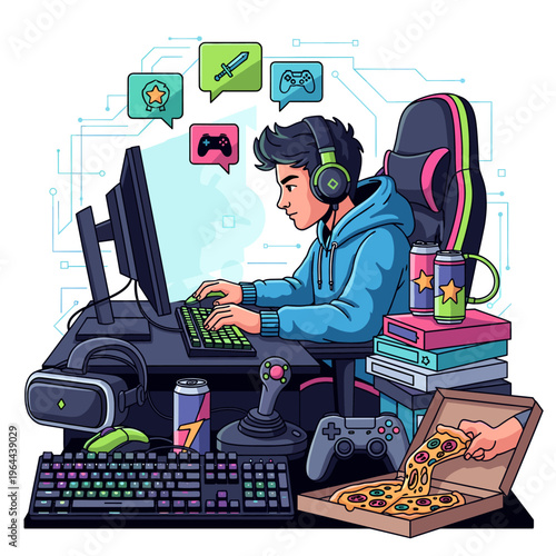 Young man intensely focused on playing video games at a fully equipped gaming desk with multiple accessories, snacks, and floating game icons.