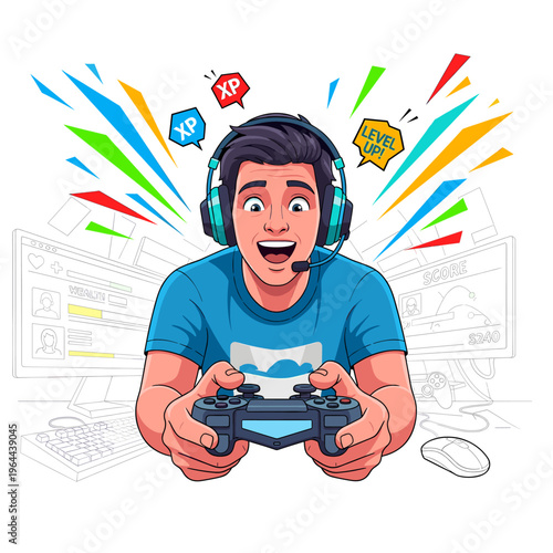 Excited young man playing video games with a controller and headset, celebrating a level up or experience gain.