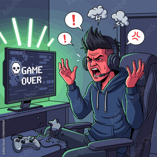 An enraged male gamer screams in frustration after seeing 'GAME OVER' on his computer screen, having broken his controller in anger.