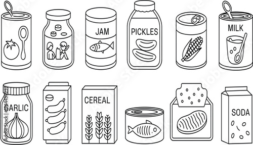 Grocery store food icons vector, black and white doodle set of canned goods, jars, and boxes, on white