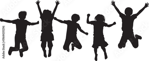 Black silhouettes, jumping children, happy kids, playful vector graphics, isolated illustrations