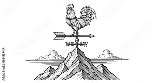 Rooster weathervane atop mountain peak vintage engraving style.