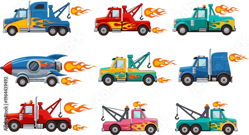 Cartoon tow truck set with flames racing style colorful vehicles roadside assistance transport vector illustration isolated collection background design
