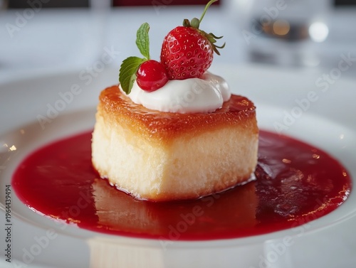 Dessert on a plate with sauce, fresh berries, and cream at a restaurant setting in the late afternoon