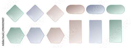 Transparent glass geometric shapes set. Vector isolated square and rectangle, hexagon and oval compositions with light reflection. Modern abstract design with clean structure and minimal style