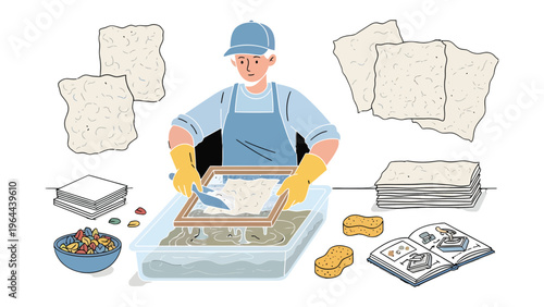 Paper Crafting in Action: Capturing the intricate process of artisanal paper making. A skilled artisan meticulously works, transforming raw materials into exquisite sheets.