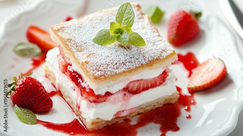 Delicious dessert made with layers of cream, strawberries, and pastry served on a plate in a dining setting