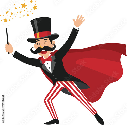 Cartoon illustration of a magician in a top hat and red cape waving a magic wand with stars.