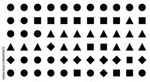 Grid of Basic Geometric Shapes Including Circles, Squares, and Triangles, Isolated White Background
