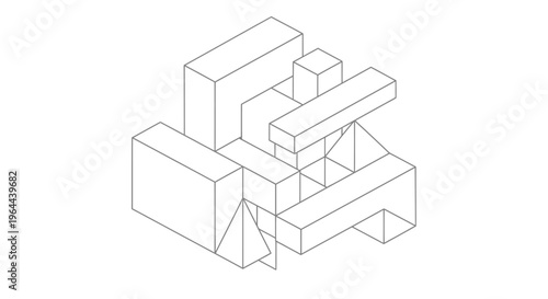 Isometric Abstract Geometric Blocks and Cubes Architectural Structure, Isolated White Background