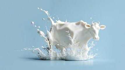 White cow made of milk splashes in a dynamic motion against a light blue background, creating a visually striking and surreal scene