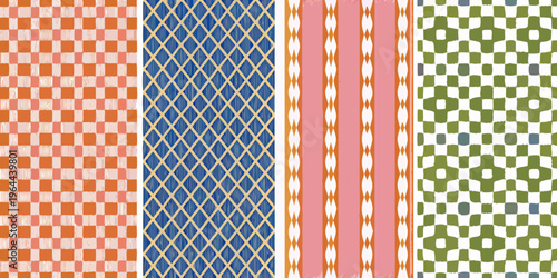 A vibrant collection of colorful patterned textile swatches displayed vertically